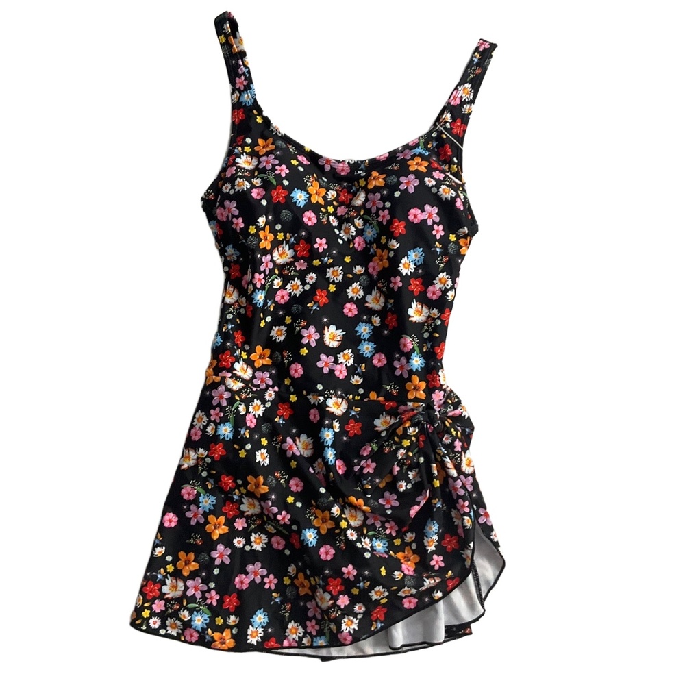 NWT Eomenie Black Floral Print Tie Detail Skirt Bathing‎ Suit Medium
